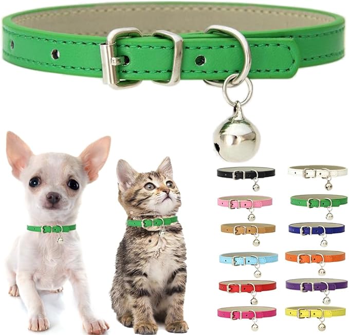 Green XS Dog Collar with Bell, Soft Pu Leather Cat Collars Adjustable Buckle for XXS Extra Small Medium Tiny Female Male Boys Girls Pets Puppy Kitten Teacup Yorkie X-Small