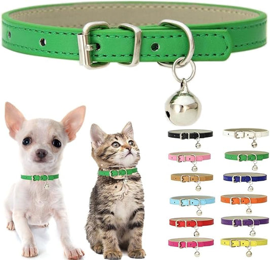Green XS Dog Collar with Bell, Soft Pu Leather Cat Collars Adjustable Buckle for XXS Extra Small Medium Tiny Female Male Boys Girls Pets Puppy Kitten Teacup Yorkie X-Small