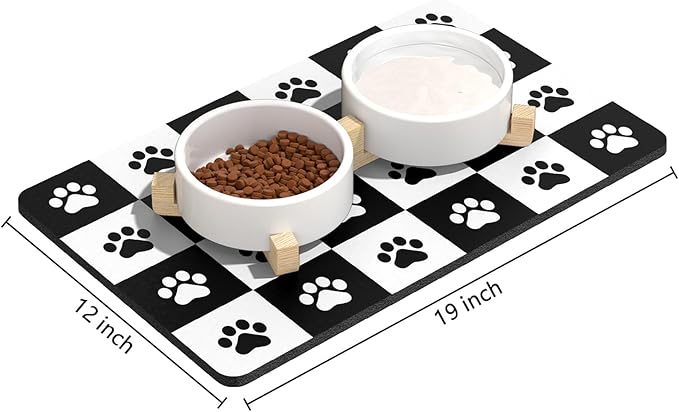 Rnivvi Dog Food Mat, 12" x 19" Footprint Absorbent Dog Cat Bowl Mat for Food and Water, Cute Anti-Slip Rubber Pet Feeding Rug Protect Floors, Puppy Placemat for Feeding & Watering Supplies,Black White