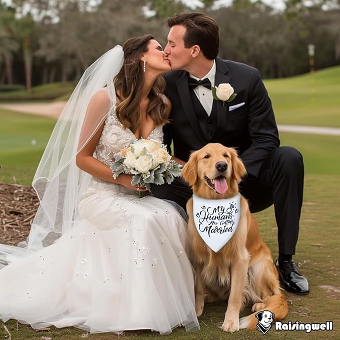 Engagement Gift for Couples Dog Bandana, My Humans are Getting Married Dog Bandanas,Wedding Party Triangle Scarf for Medium to Large Breed Dogs, 1 Pack 2 Pattern Reversible(Large)