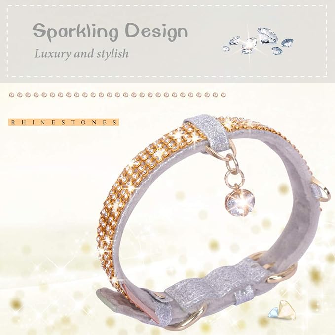 PetsHome Cat Collar, Dog Collar, [Bling Rhinestones] Premium PU Leather with Pendant Adjustable Collars for Cat and Small Dog Extra Small Silvery
