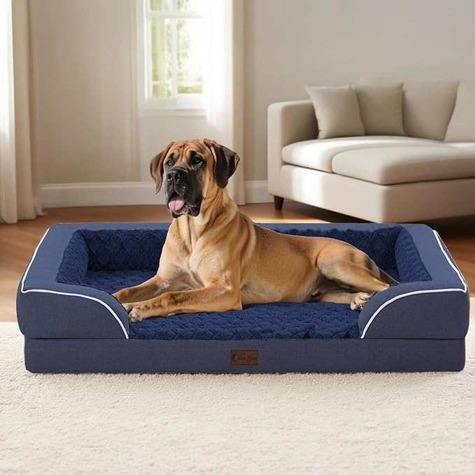 Orthopedic XL Dog Beds, Waterproof Memory Foam Big Pet Bed for Extra Large Sized Dogs 45x35Inch, Non-Slip Bottom and Egg-Crate Foam Dog Couch Bed with Washable Removable Cover, Navy Blue