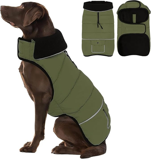 Dog Coat, Large Dog Jacket, Windproof Dogs Puffer Jacket, Fleece Lined Warm Dogs Winter Coat with Harness Hole(Army Green 3XL)