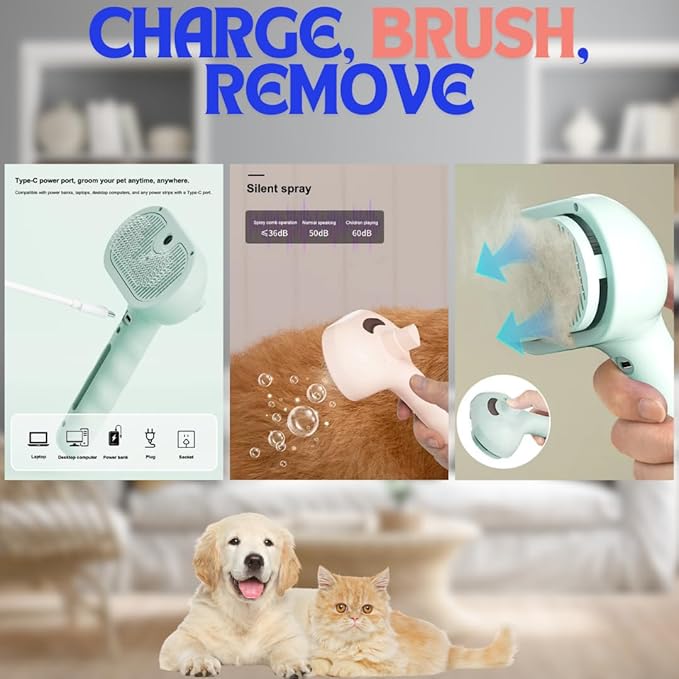 Pet Steam Brush for Cats Dogs, 3-in-1 Cat Grooming Tool with Water Spray and Quick Hair Release Button, Hair Removal Comb for Shedding, Steamy Brush (White)