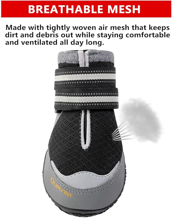 QUMY 4PCS Dog Boots for Large Dogs, Medium Dog Shoes & Paw Protectors for Hot Pavement, Summer Heat Protection, Mesh Breathable Nonslip Dog Booties for Hardfloors, Walking Running Hiking Black Size 7