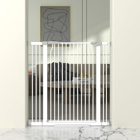 41" Extra Tall Baby Gate for Doorway, 29.6-40.5'' Metal Pet Baby Safe Gate, Extra Wide Pressure Mounted Child Door with Expansion Kit, No Drilling Cat Fence Indoor, No Climb Cat Proof Gate, White