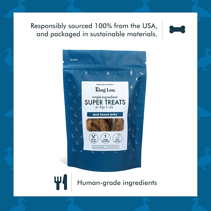 King Lou Pets - Duck Jerky Dog & Cat Treats - Single Ingredient, USA-Made, High Protein, 1 lb