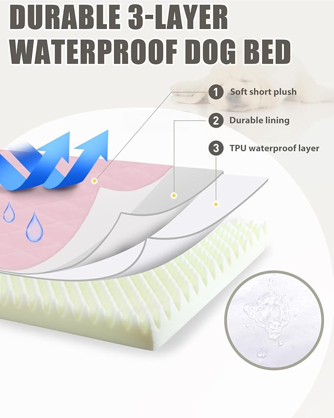 Orthopedic XL Dog Beds Large Sized Dog Waterproof Pet Kennel Pad with Removable Washable Cover and Non-Slip Bottom, 41x27 Inch, Pink