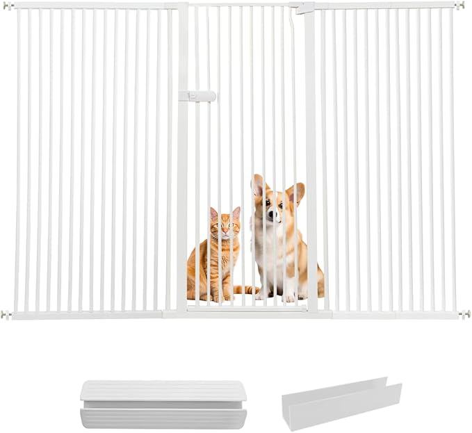 Lumizone Extra Tall Cat Gate 61.02" High Pressure Mounted Extra Wide 2025 New (17 Sizes) 1.37" Gap No Drilling Auto-Close One-Handed Operation Tall Pet Gate for Dogs(White,84.45"-88.57"/214.5-224.5CM)