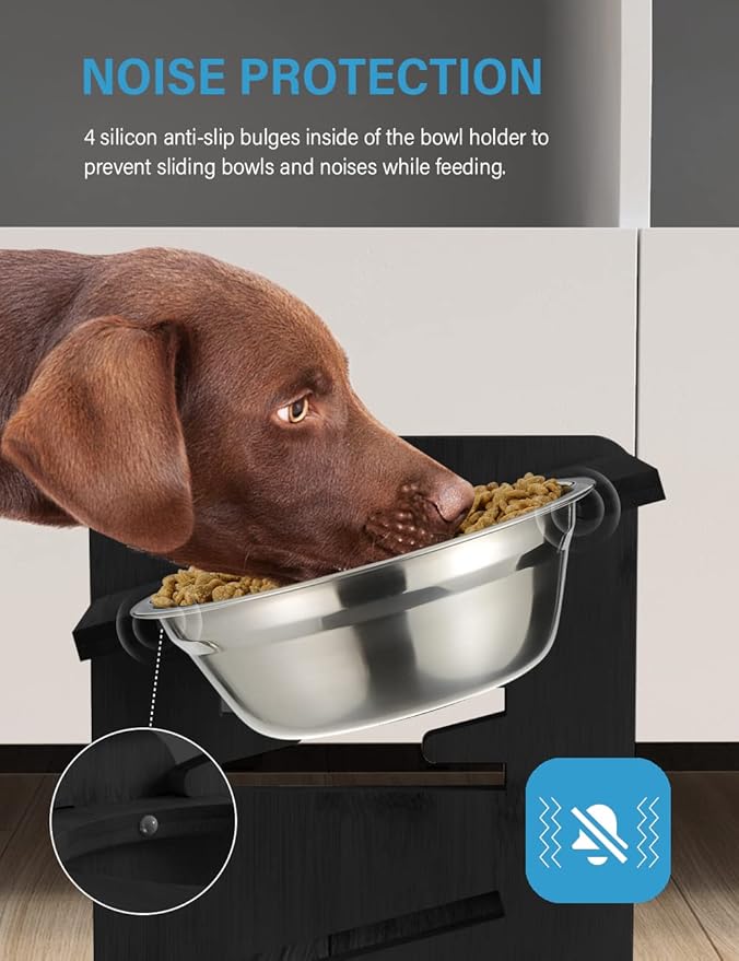 Vantic Elevated Dog Bowls, Adjustable Raised Dog Bowl Stand for Medium Sized Pet, Sturdy Bamboo Food Feeder with 2 Stainless Steel Dishes, Black