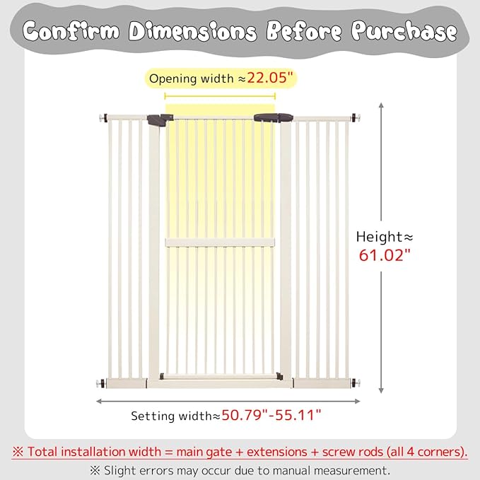 Lumizone Extra Tall Cat Gate 61.02" High Pressure Mounted Extra Wide 50.79"-55.11" (17Sizes) 1.37" Gap No Drilling Auto-Close Tall Pet Gate for Dogs (Cream, 50.79"-55.11"/129-139.5cm)