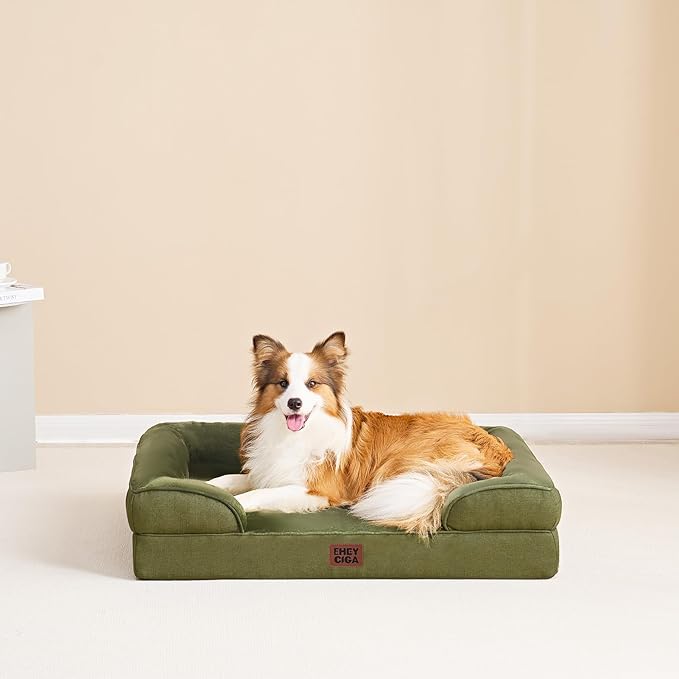 EHEYCIGA Orthopedic Dog Beds Large Sized Dog, Waterproof Memory Foam Pet Bed with Sides, Non-Slip Bottom Large Pet Bed with Washable Removable Cover, Olive Green