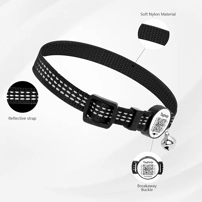 2-Pack Reflective-Breakaway Cat Collars with Bells with QR Code Name Tag, Cat ID Tag Personalized,Smart ID tag Cat Collar,Ideal for Girl Cats Male Cats Kittens Puppies (Black&Pink,NO airtag Holder)