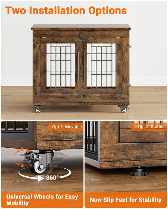 Dog Crate Furniture with Cushion, Wooden Dog Kennel Indoor with Double Doors, Dog Cage with Wheels, Dog House Side End Table for Small Dogs up to 30 lb, 27.2" L, Rustic Brown