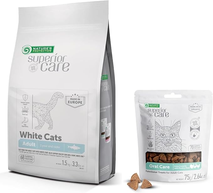 Nature's Protection Superior Care White Cats Grain Free Dry Cat Food with Herring and Oral Care Treats with Poultry