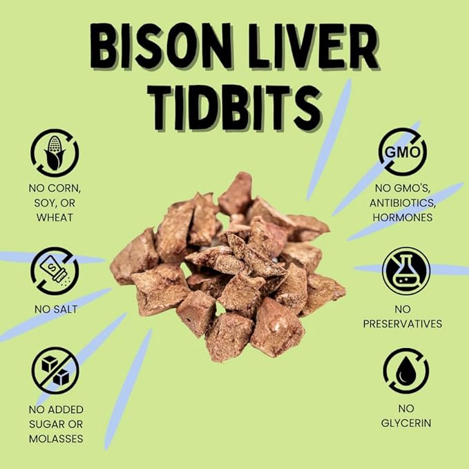 Freeze Dried Bison Liver Tidbits - Single Ingredient, Human-Grade, No Artificial Flavors or Fillers, Perfect for Training (Pack of 1)