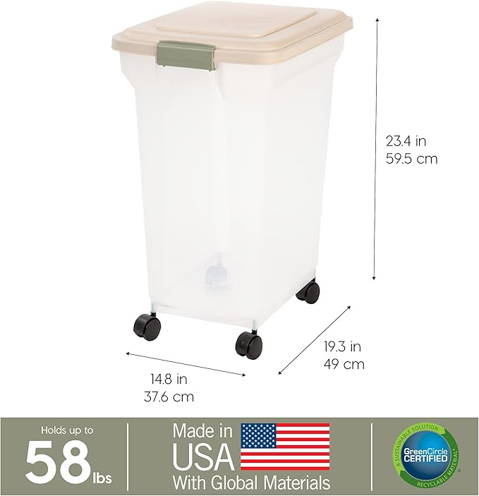 IRIS USA WeatherPro Airtight Dog Food Storage Container, Up to 58 lbs, Attachable Wheels, For Dog Cat Bird and Other Pet Food Storage Bin, Keep Fresh, Translucent Body, Clear/Almond