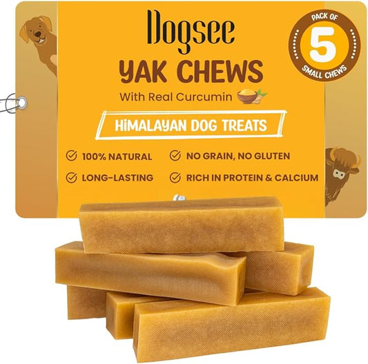 Dogsee Himalayan Yak Cheese Dog Chews with Turmeric/Curcumin (Small - 5 Chews) | Dog Treats Healthy | Hip & Joint Health Support for Dogs | Long Lasting Dental Treats