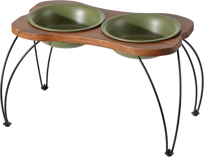 Ceramic 8.7-inch Raised Double-Bowl Set with Non-Slip Stand, Food & Water Dishes for Large Dogs, Wide Opening with Rounded Edges(Olive Green)