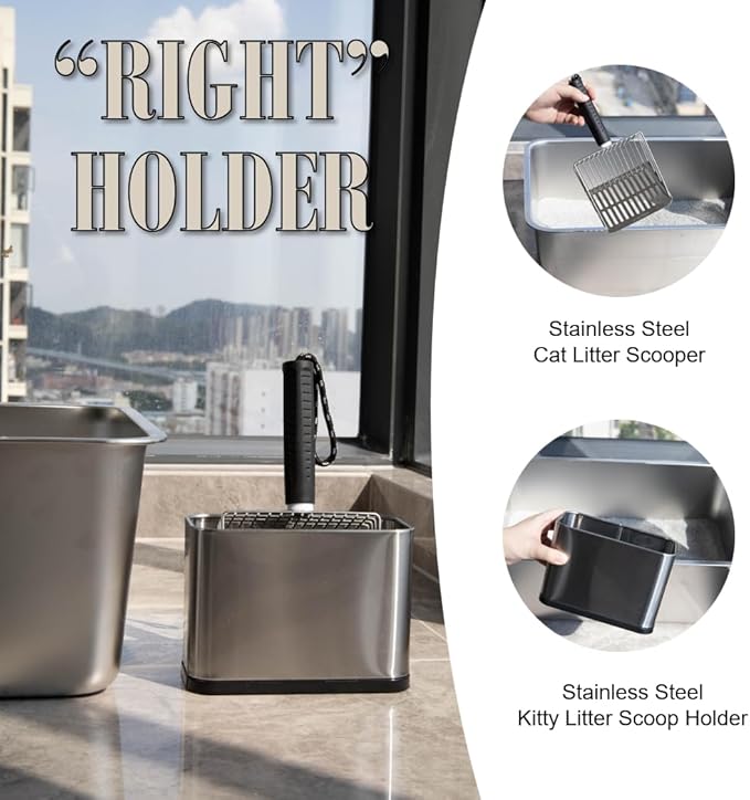 Metal Cat Litter Scoop with Holder, Stainless Steel Cat Litter Scooper Holder Trash Container, Heavy-Duty Kitty Poop Scooper with Coarse and Fine Grids for All Litter Pan