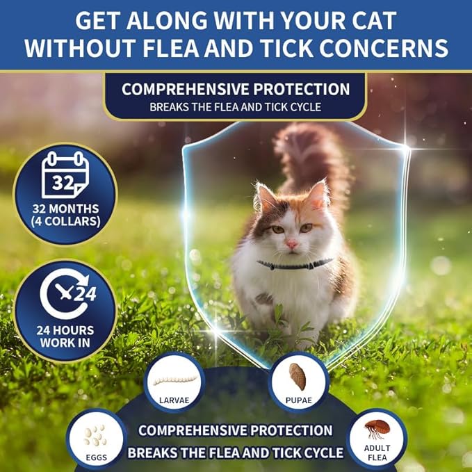 4 Pack Flea Collar for Cats, 32 Months Flea and Tick Prevention for Cat, Waterproof Natural Cat Fleas and Ticks Treatment, Adjustable Fleas and Ticks Collar for Cats Kittens(4 Colors)