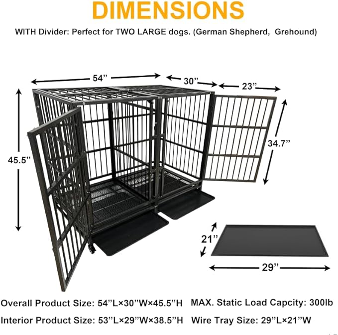 54 Heavy Duty Dog Crate Cage with Divider, Indestructible and Escape Proof Steel Kennel Indoor for High Anxiety Dogs with Removable Tray, Lockable Wheels, Double Door, Extra Large XL XXL
