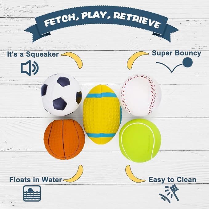 Squeaky Dog Ball, Soft Latex Rubber Squeaky Dog Toys for Small Dogs Puppies, Cute Squeak Toys Play Ball - Tennis, Soccer, Football, Basketball and Baseball 5 Pack