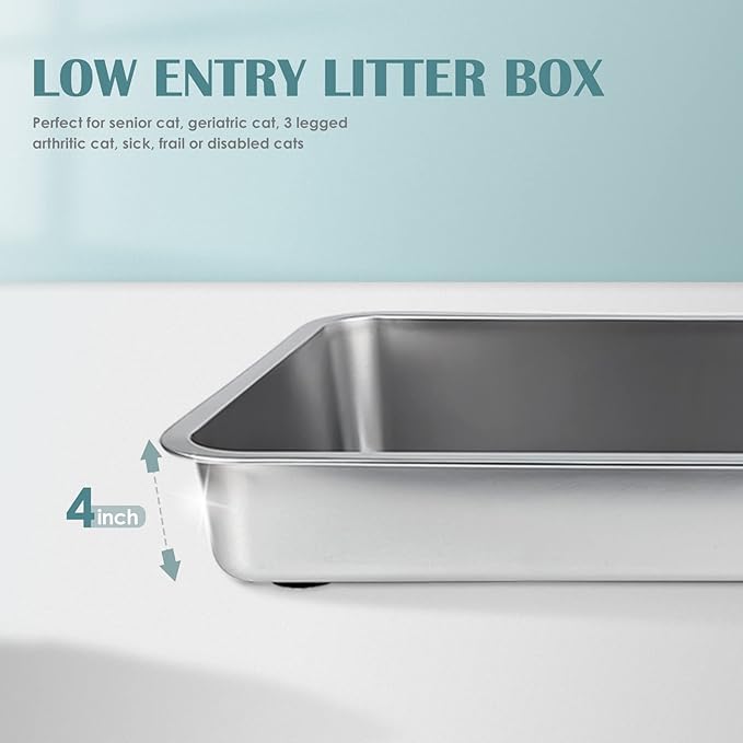 IKITCHEN Stainless Steel Cat Litter Box, Large Metal Litter Pan for Cats, Kitty Litter Box Never Absorbs Odors, Low Side Entry Non Stick, Easy Clean 17.5 x 13.5 x 4 inches