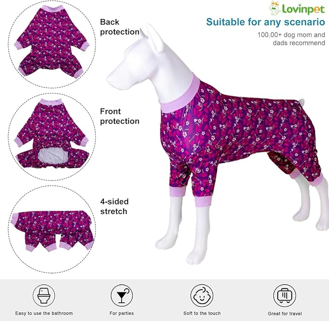 LovinPet Big Dogs Pajamas Jumpsuit, Pet Anxiety Relief Shirt, Sun Protection Dog Shirt, Comfy Stretchy Fabric, Indigo Garden Print, Big Dog Surgery Recovery PJ's, Pajamas for Pitbulls, Medium