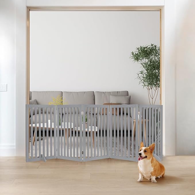 unipaws 36”H Free Standing Pet Gate for Dogs and Cats, Tall Wooden Dog Gates for Doorway, Stairs, Dog Room Divider, Foldable Pet Fence for The House, Expandable Barrier, Indoor Use, Grey