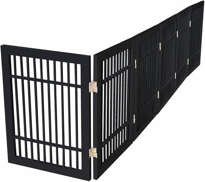 Pet Dog Gate Strong and Durable Freestanding Folding Acacia Hardwood Portable Wooden Fence Indoors or Outdoors by Urnporium (Black Pet Gate, 6 Panel 24" Tall)