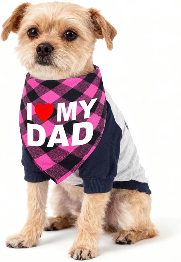GreenJoy Cute Plaid Dog Bandana – Washable Pet Triangle Scarf for Small, Medium, Large Dogs and Cats, Adjustable Pet Accessory for Birthday, Wedding and Christmas (Pink (I Love My Dad), Medium)