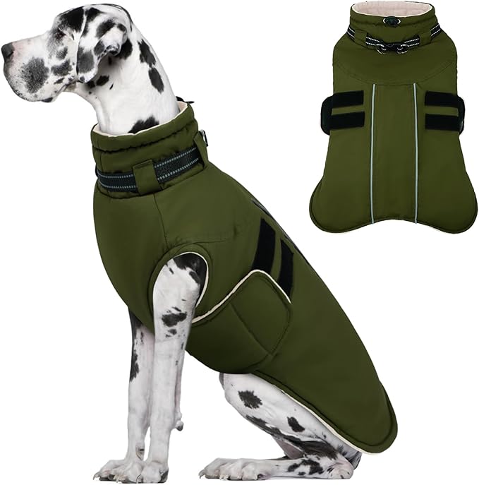 IECOii Big Dog Winter Coat for Giant Breed Dogs Waterproof Dog Jacket with Built in Collar, Reflective Dogs Coat Pet Snow Jacket for Great Dane Saint Bernard, Easy Outdoor Walking, Army Green - 5XL