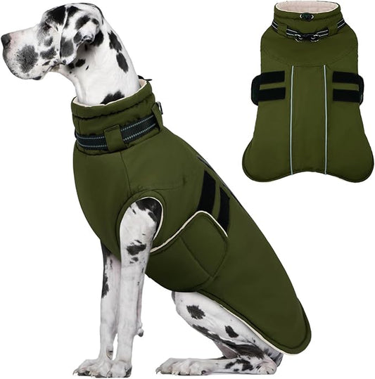 IECOii Winter Dog Coat for Extra Large Dogs, Waterproof Reflective Dog Snow Jacket for Giant Breeds, Built in Collar Snowsuit Thermal Dogs Cold Weather Coats for Great Dane, Army Green - 4XL