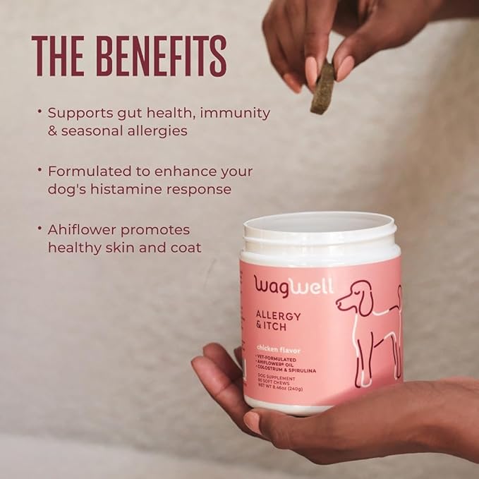 WagWell Allergy and Itch Chews – Chicken Flavored – Plant Based with Colostrum and Spirulina – Dog Skin and Coat Supplement for Itch Relief and Digestive Health, 60 Chews