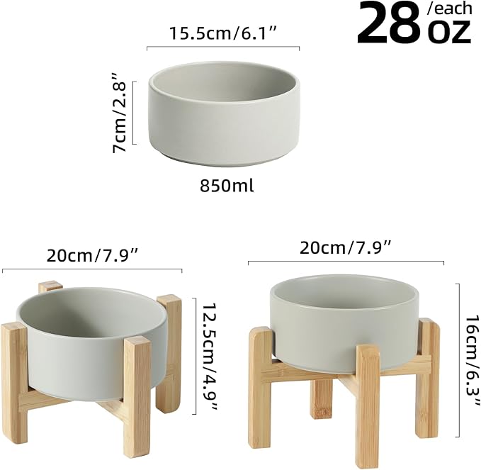 Ceramic Raised Dog and Cat Bowl Set, 2 Heights Elevated Stand, Food and Water Bowl for Small Breed Dogs, Weighted Dog Dishes, Pet Bowl(6.1'',28.7oz, Grey)