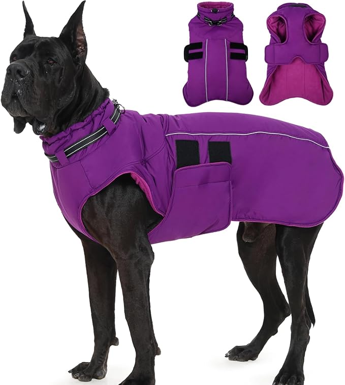 Dog Jackets for Large Dogs, Waterproof Winter Coat with Harness Built-in, Reflective Adjustable Hook&Loop Snowsuit, Warm Cold Weather Coats for Big Dogs Great Dane Doberamn, XXXXL Purple
