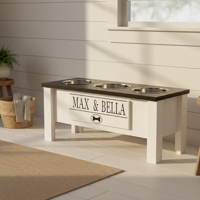 GrooveThis Woodshop - Personalized Elevated Triple Dog Bowl Stand for Large, Medium, Small, X-Small Dogs - 3 Stainless Steel Food and Water Bowls - Raised Dog Dish with Internal Storage (Large, Black)