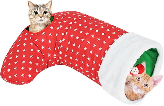 Pawaboo Cat Tunnel Christmas Sock with Bell Balls, Upgraded 2 Way Cat Tunnel Interactive Toy for Christmas, Pet Xmas Stocking with Crinkle Paper & Strong Spring-Steel Frame for Cat Kitten Kitty, Red