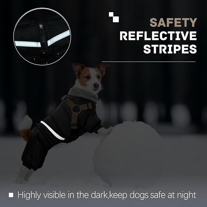 BRKURLEG Black Dog Coat with Harness, Dog Winter Jacket, Dogs Onesie Body Warm Jackets, Small Dogs Winter Coats Reflective Windproof Warm Cold Weather Coats, Pet Waterproof Jacket Hiking S