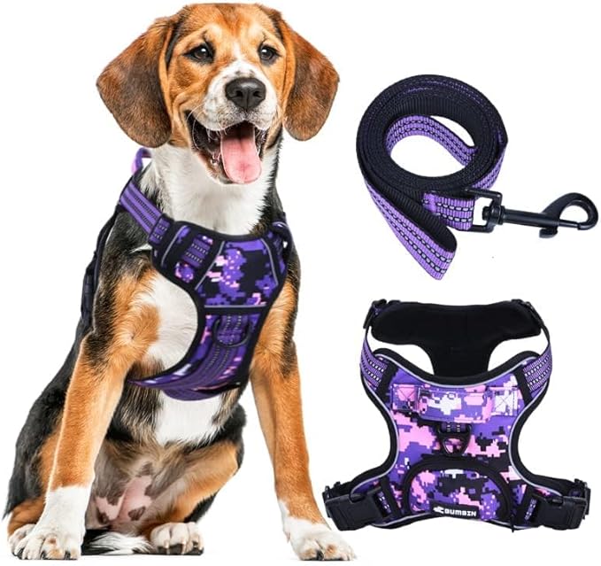 No Pull Dog Harness for Large Dogs, Adjustable No Choke Pet Vest with Dog Leash Fit Smart Reflective Pet Walking Harness for Training Easy Control Soft Handle Purple Camo L