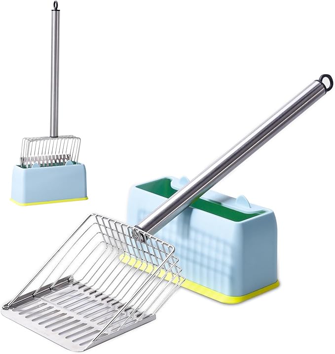 Metal Cat Litter Scoop with Holder Stainless Steel Kitten Poop Scooper, 17.5" Heavy Duty Pet Poop Sifter for Cat Box, Long Handle Large Waste Shovel, Fast Sifting Big Clumps, Solid & Durable