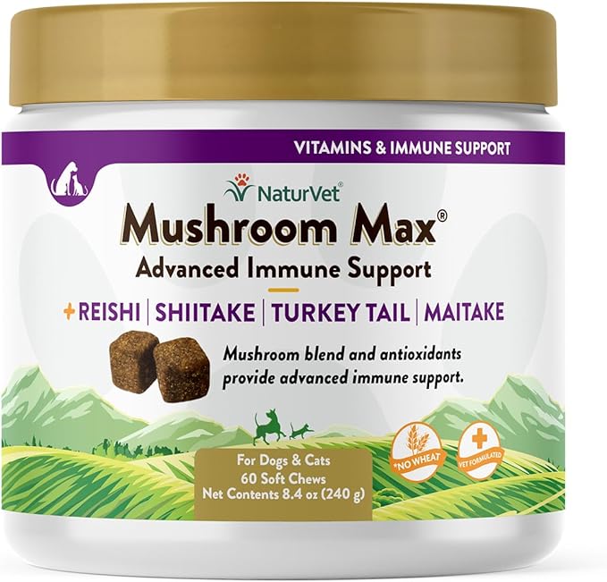 NaturVet Mushroom Max Advanced Immune Support Dog Supplement – Helps Strengthen Immunity, Overall Health for Dogs – Includes Shitake Mushrooms, Reishi, Turkey Tail – 60 Ct.
