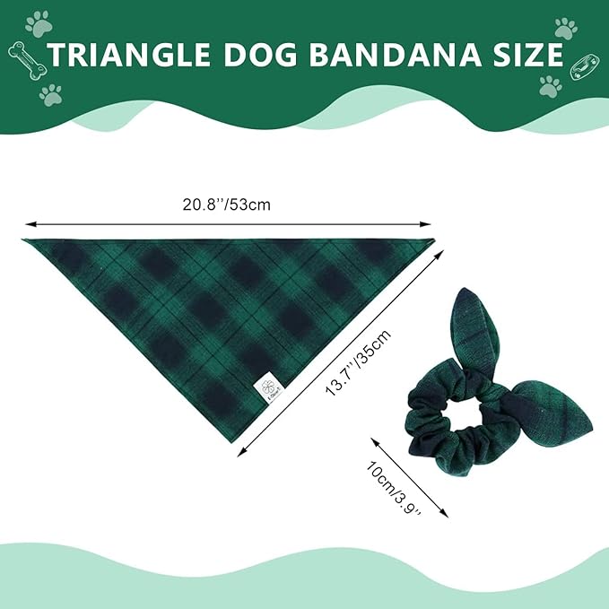 E-Clover Christmas Dog Bandanas & Matching Scrunchie Set Plaid Dog Bibs Scarf Boy Triangle Kerchief Bandana for Small Dogs Puppy Birthday Gifts Pet Owner Mom Green Fall