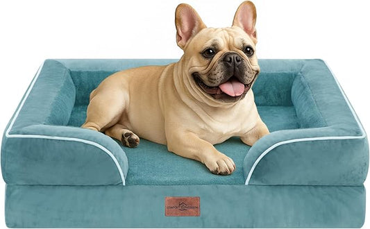 Comfort Expression Orthopedic Dog Bed for Medium Dogs 28x19 Inch, Waterproof Egg Crate Foam Medium Pet Bed with Removable Bolsters, Dog Couch with Washable Cover & Non-Slip Bottom, Washed Blue