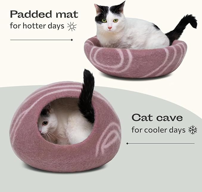 MEOWFIA Cat Cave – Premium Felt Cat Bed for Indoor Cats, Handmade 100% Merino Wool (Gold Rose, Large)