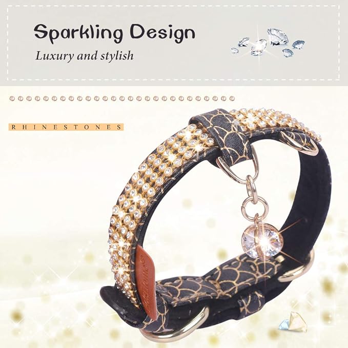 PetsHome Cat Collar, Dog Collar, [Bling Rhinestones] Premium PU Leather with Pendant Adjustable Collars for Big Cat and Small to Medium Dog Small Black