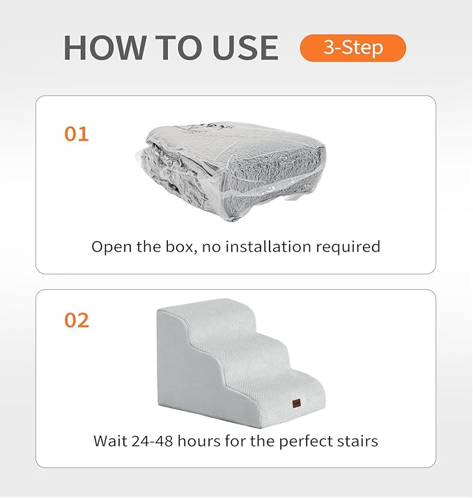 Made4Pets Dog Stairs Ramp for Small Dogs, 3-Step Dog Steps for Bed Couch Sofa and Chair, 35D Foam Pet Steps for Small Dogs and Cats, Non-Slip Bottom Pet Stairs, Light Grey