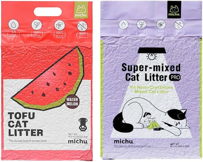 Michu Tofu Cat Litter Natural Clumping Tofu Cat Litter 5.5lb/88oz 5 Scents (Watermelon + Mixed, 2 Pack)