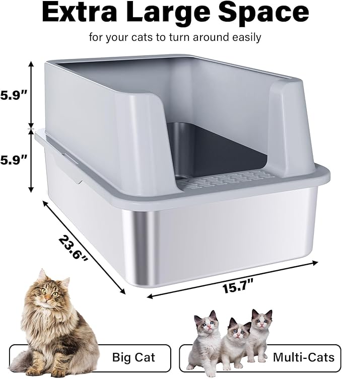 Stainless Steel Cat Litter Box, XL Metal Litter Box with Lid, High Sided Extra Large Litterbox for Big Cats, Anti-Urine Leakage, Never Absorbs Odors, Easy Cleaning, Non-Stick, Include Scoop